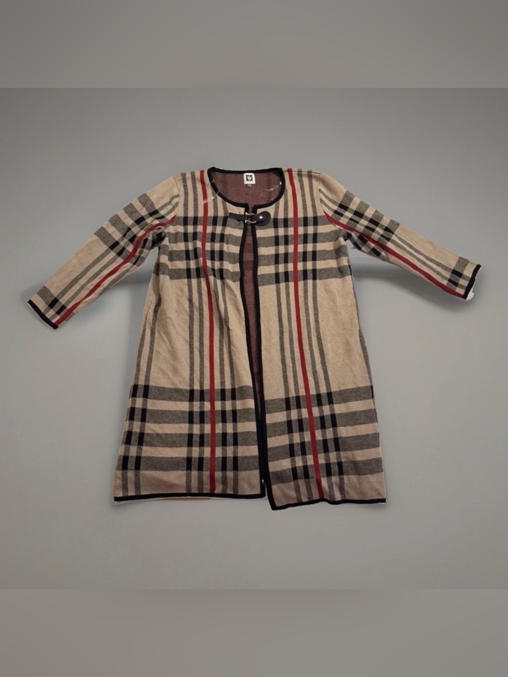 Anne Klein Women XL Plaid Long Cardigan Sweater Faux Leather Buckle Duster Camel